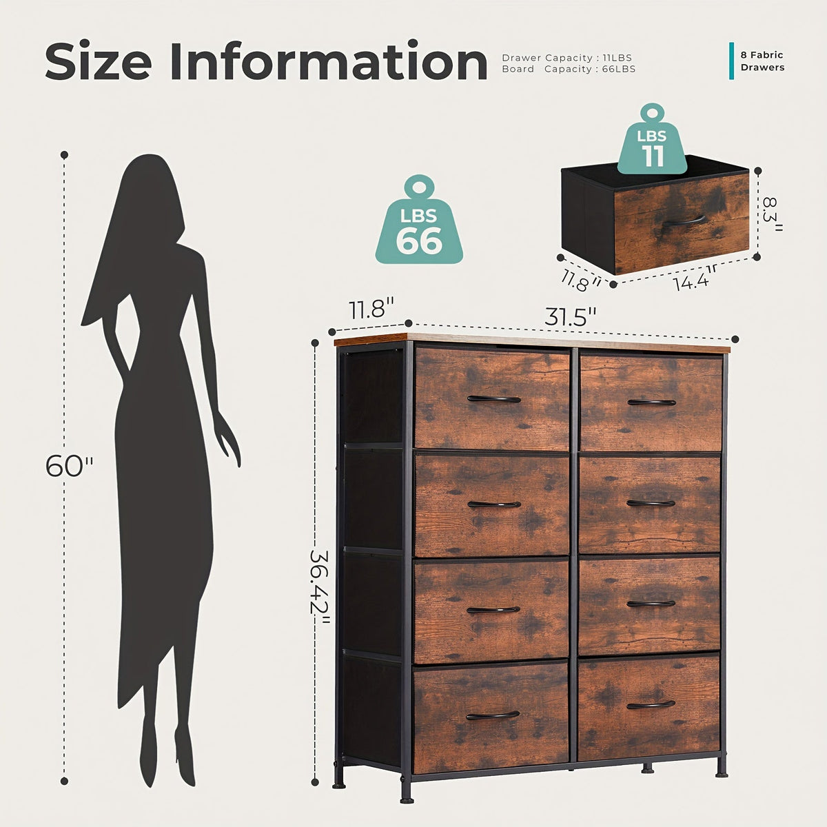 8-Drawer Fabric Dresser with Metal Frame & Wood Tabletop – Clothes Storage Tower Chest Organizer for Bedroom Living Room Entryway