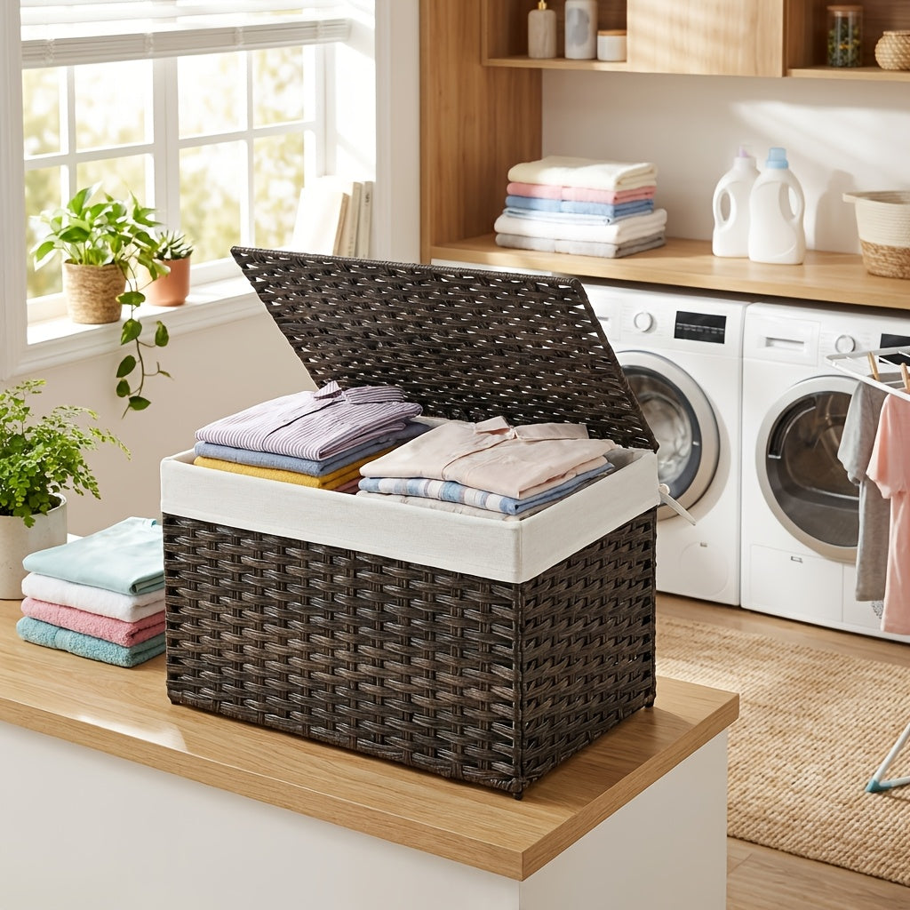 Large Foldable Storage Basket with Lid & Handles Removable Liner Metal Frame for Blankets Laundry Bedroom – 9.25 / 17.2 / 42.3 Gal – Natural Brown & Gray