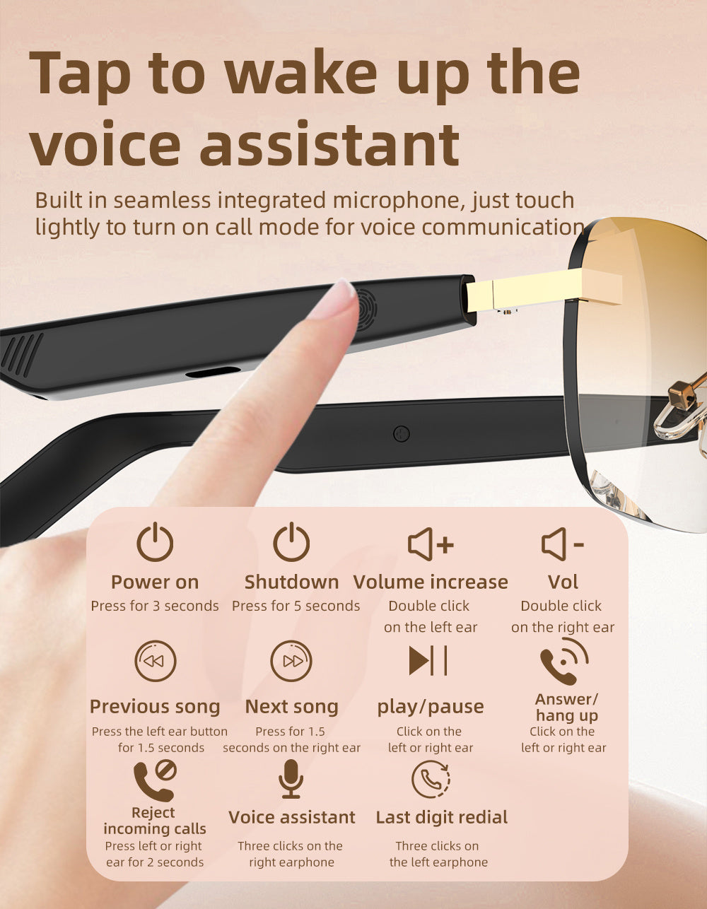 Bluetooth Smart Glasses with Touch Controls & Open Ear Audio – Integrated Microphone, Hands-Free Calls & Music, Polarized Lenses, Ideal for Outdoor Sports, Driving & Everyday Wear
