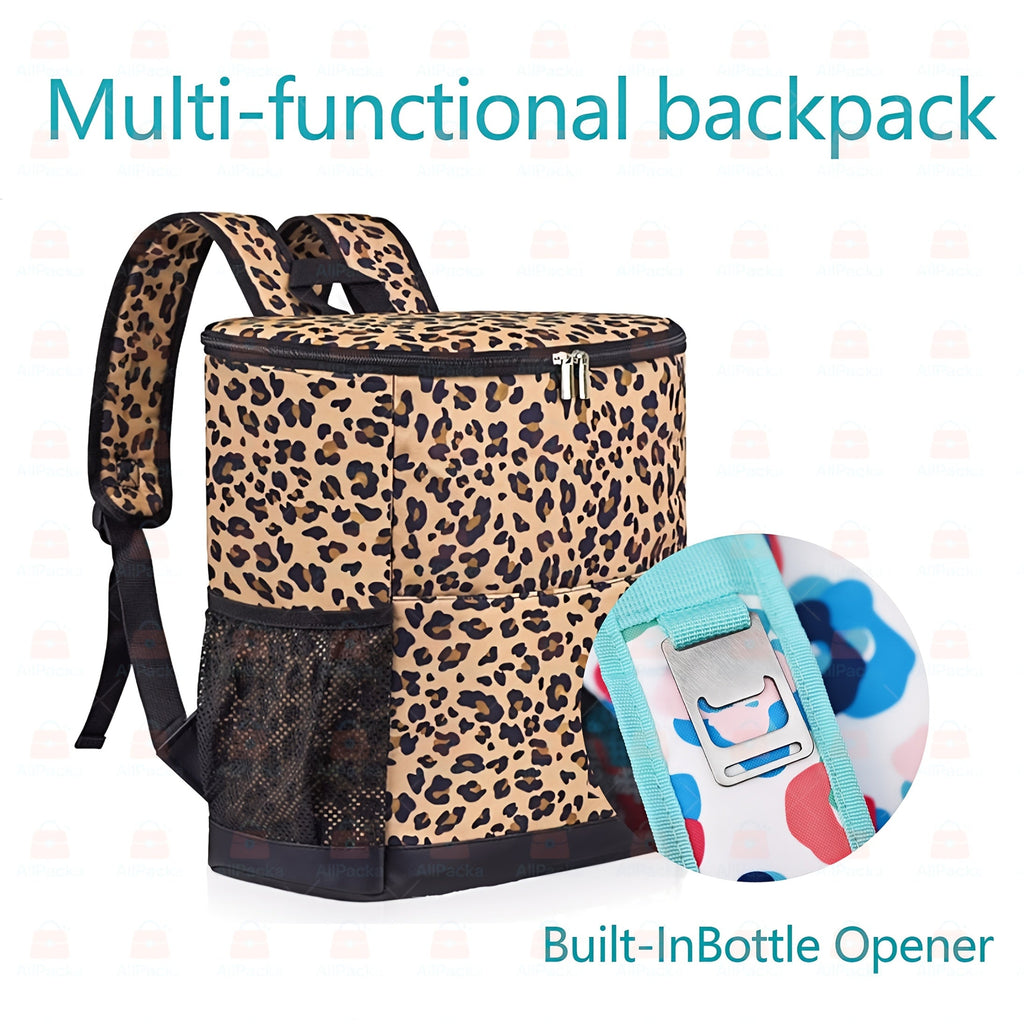 Insulated Cooler Backpack 30-Can Leopard Print with Mesh Pockets & Adjustable Straps - Leakproof Nylon Cooler Bag for Beach, Camping, Picnic, Hiking, Travel, and Daily Use