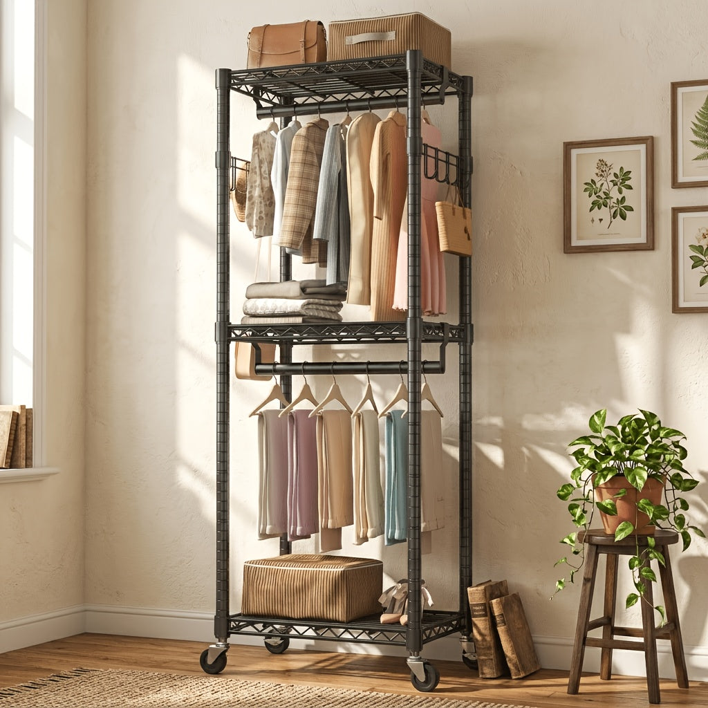 Heavy Duty Rolling Clothes Rack Adjustable Double Rods – Metal Freestanding Closet Organizer with Wheels & Side Hooks for Hanging Clothes