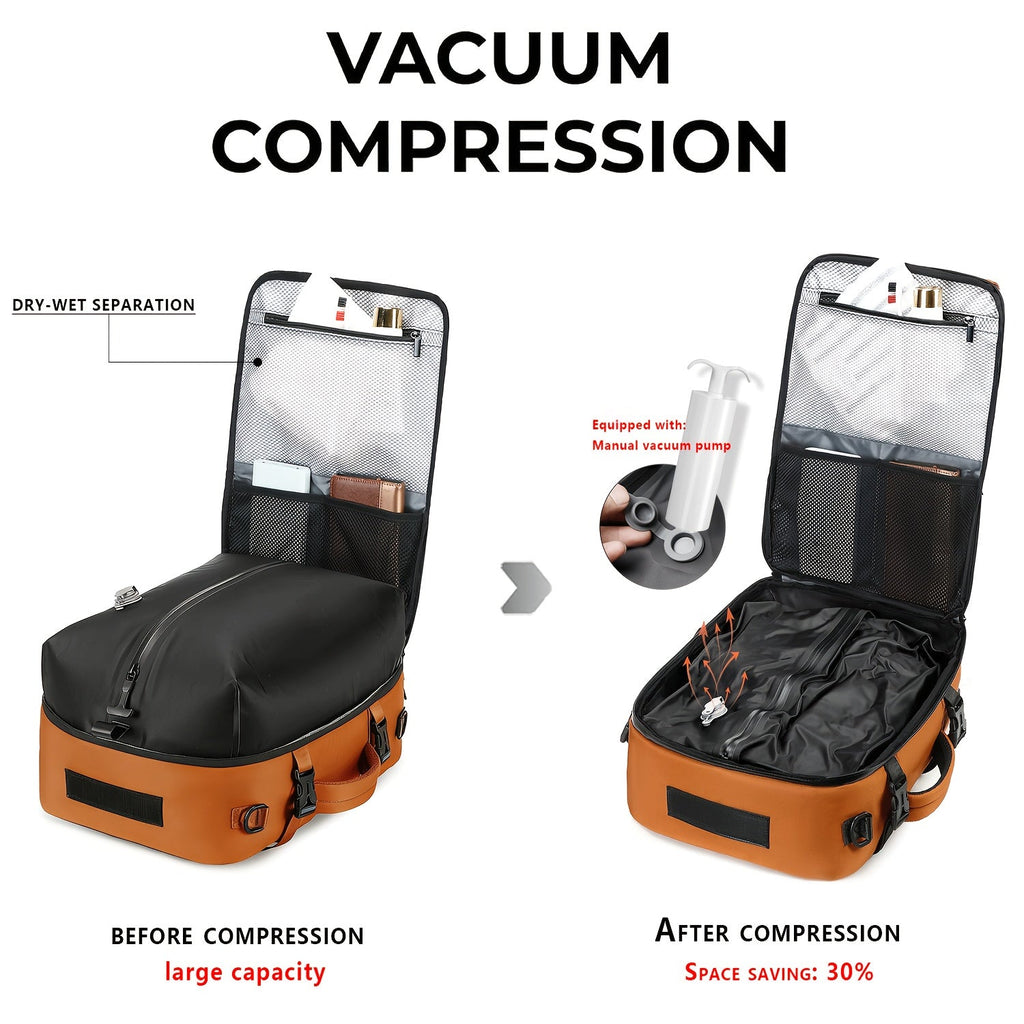Vacuum Compression Backpack - Multi-Functional Laptop Backpack with Pump, Foldable & Lightweight - Business, Camping, Hiking & Daily Commute - Black, Light Grey & Orange
