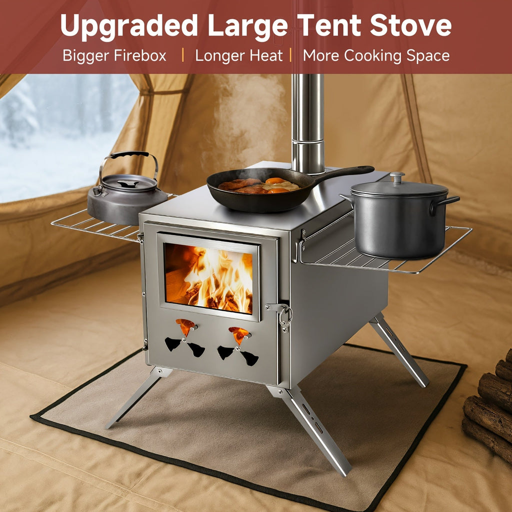 MOPHOTO Hot Tent Stove Portable Stainless Steel Wood Burning Camp Stove with 7 Chimney Pipes for Wall Tent Camping Cooking Ice Fishing & Hunting – Large