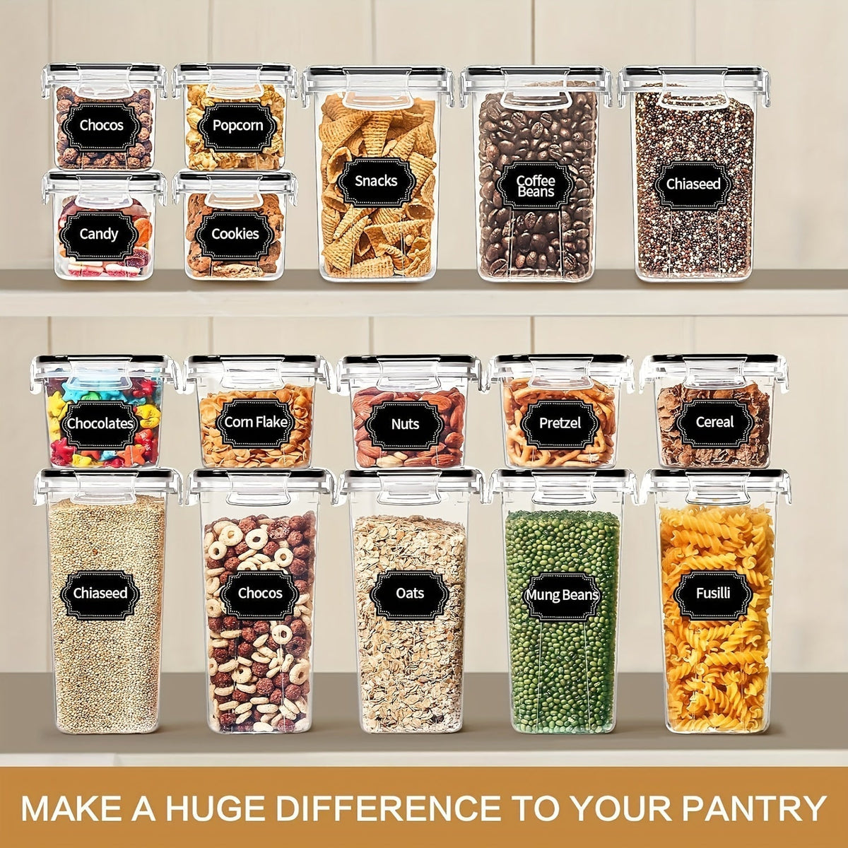 Airtight Food Storage Containers 64-Piece Set with Labels & Marker, BPA-Free Plastic Canisters with Lids for Kitchen Pantry Organization, Flour, Sugar, Cereal, and Dry Food Storage – 32 Containers + 32 Lids