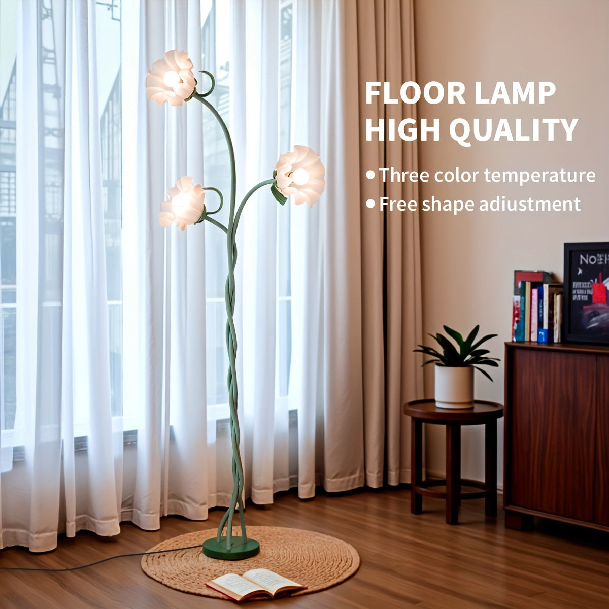 Vintage 3-Head Flower Floor Lamp 3 Color Modes Dimmable LED Standing Lamp Adjustable Gooseneck Reading Light for Living Room Bedroom Office Home Decor