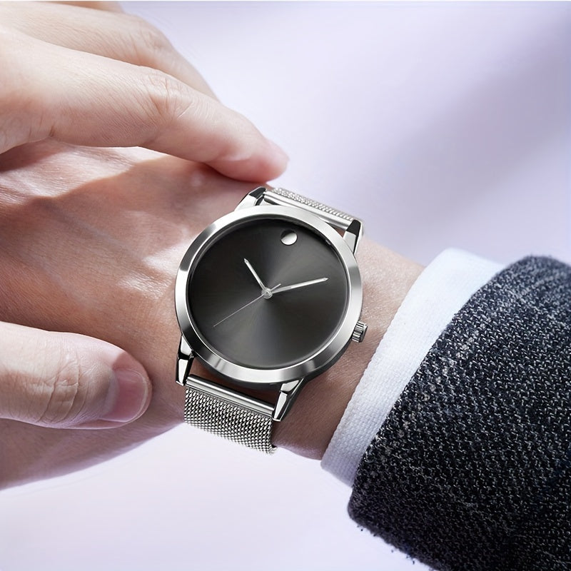 Men's Minimalist Stainless Steel Band Quartz Watch, Slim Round Dial, Casual Fashion Everyday Wear, Gift for Him, Silver Brown