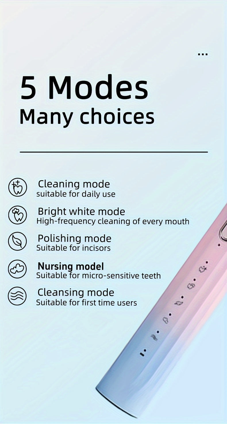 Sonic Electric Toothbrush IPX8 Waterproof USB Rechargeable with 5 Replacement Brush Heads, Smart Timer, Metal Shaft, for Adults, Men, Women, Couple Style, Rechargeable Oral Care