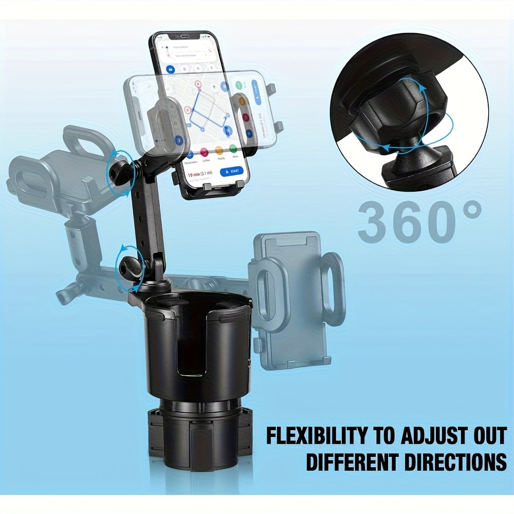 Car Phone Cup Holder Mount 2-in-1, 360° Swivel Rotation, Universal Fit for Cars, SUVs, and Trucks with Shock-Absorbing Trim - Black Extender