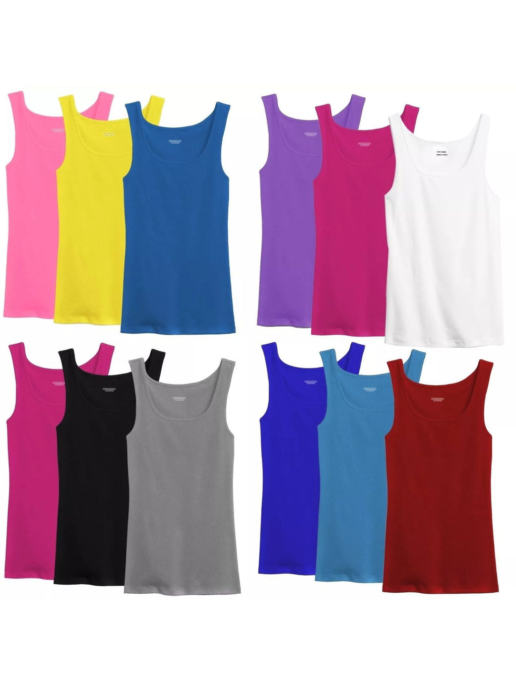 Women's 100% Cotton Ribbed Tank Top Tagless Sleeveless Undershirt Round Neck Multipack 3, 6, 9, 12 Pcs Random Colors S-XXL