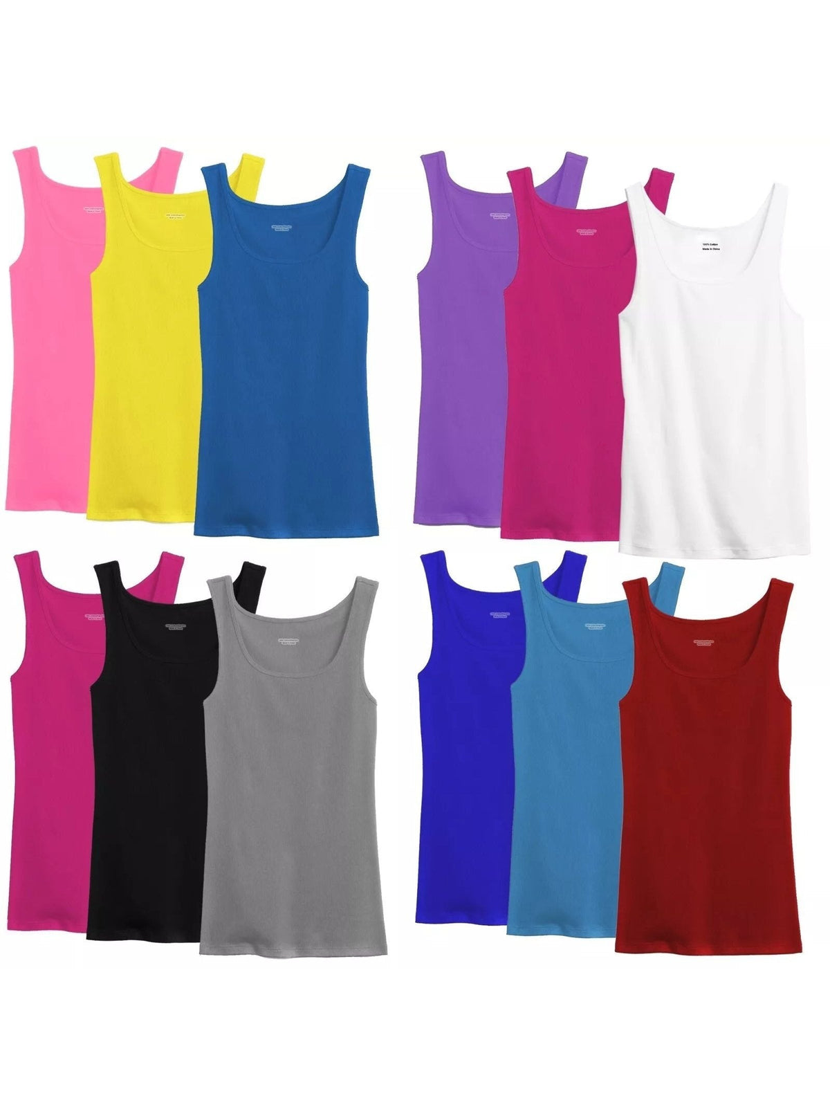 Women's 100% Cotton Ribbed Tank Top Tagless Sleeveless Undershirt Round Neck Multipack 3, 6, 9, 12 Pcs Random Colors S-XXL