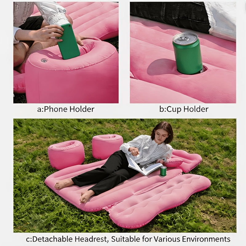 SUV Sedan Car Inflatable Bed, Soft Flocked Back Seat Air Mattress, Foldable & Portable Sleeping Mat for Camping, Road Trips, and Picnics – Includes Air Pump & Storage Bag, Black Grey Beige Pink