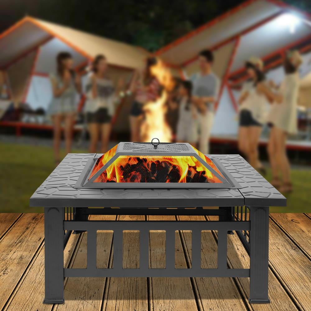32" Square Outdoor Fire Pit Table – 3-in-1 Wood Burning Fireplace with Mesh Spark Screen BBQ Shelf & Poker Anti-Rust Metal for Patio Garden & Backyard in Black