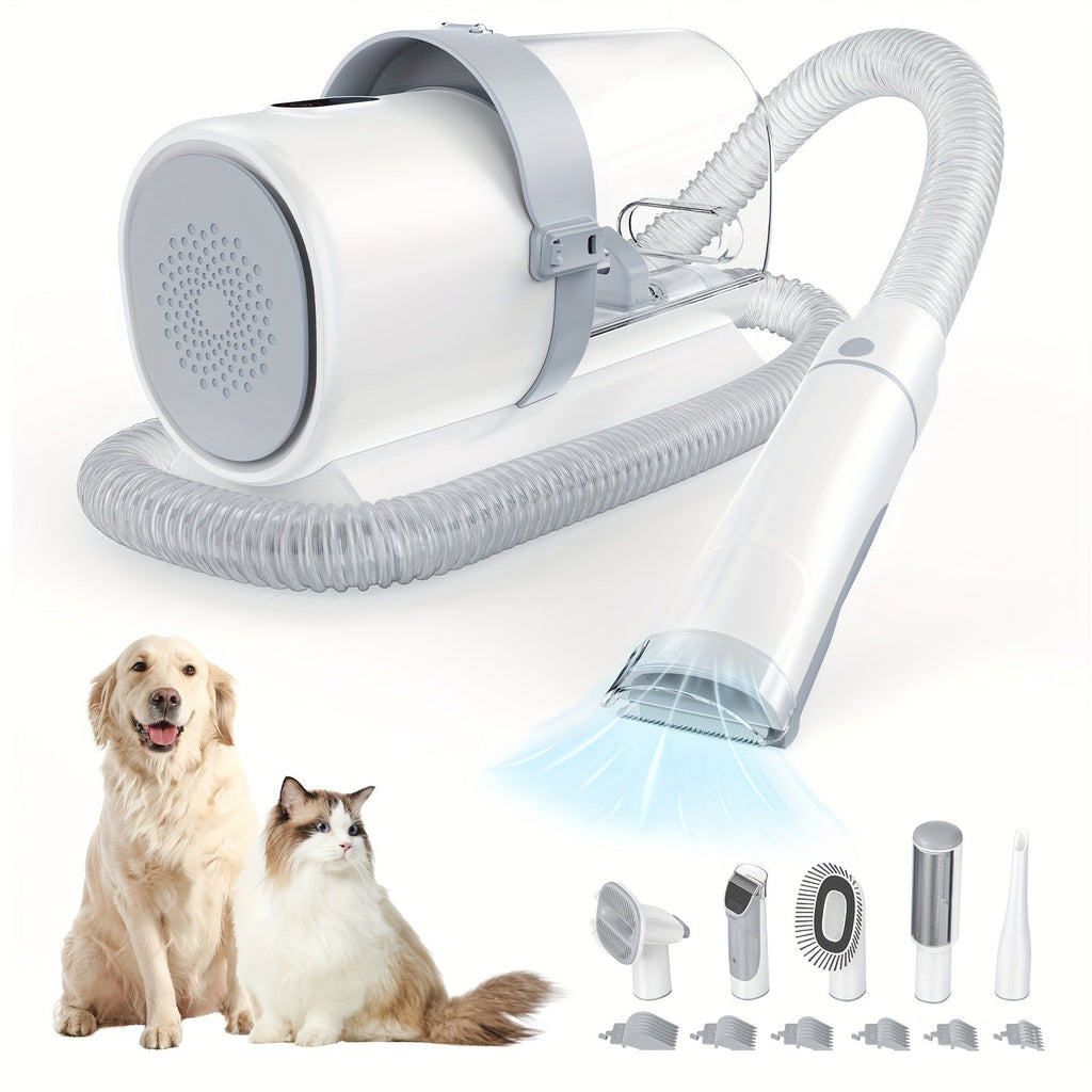 5-in-1 Pet Grooming Vacuum Kit with 99% Hair Suction – Professional Dog & Cat Clippers with 6 Guide Combs, Powerful Low-Noise Grooming Vacuum for Dogs, Cats & All Pets, White Grey Blue