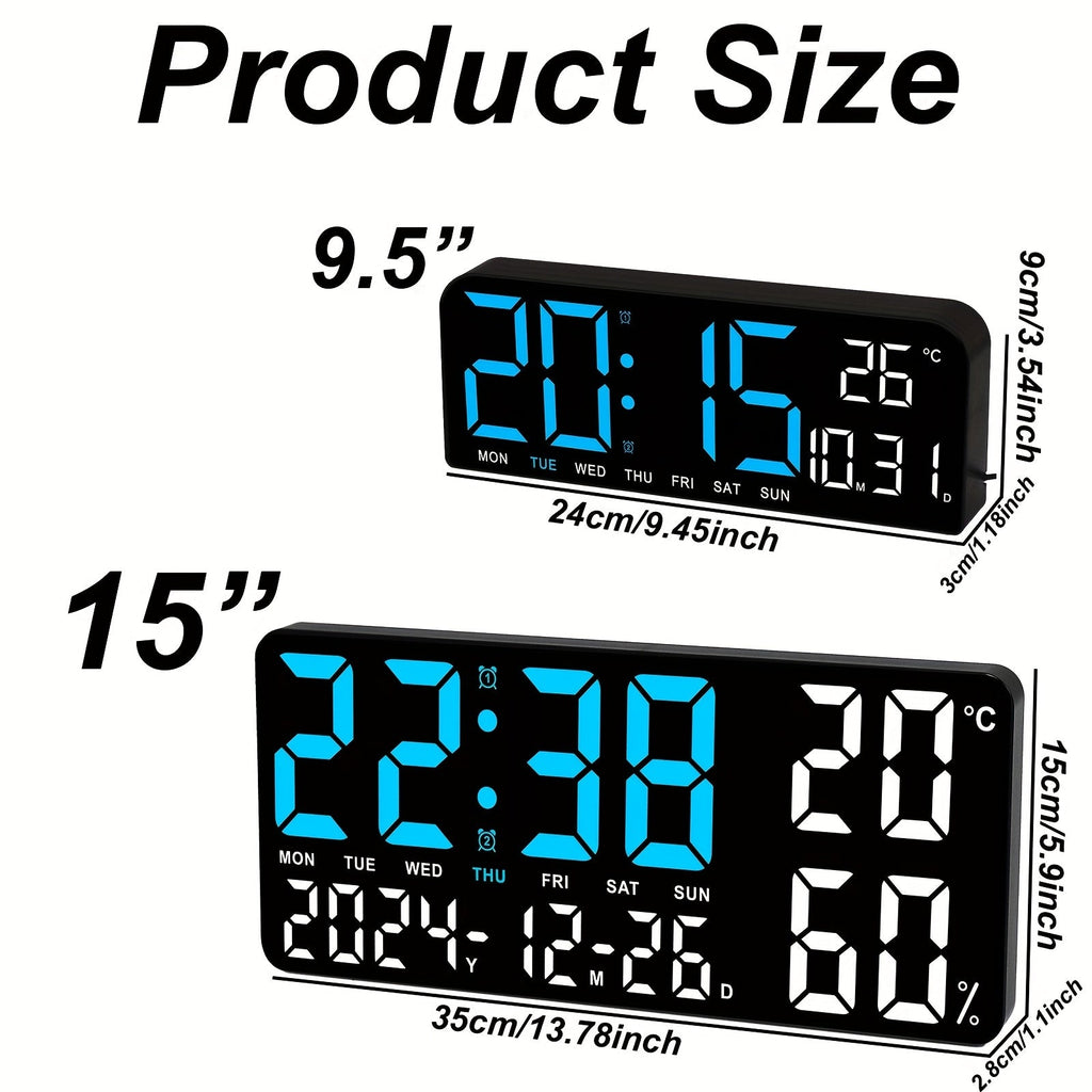 Large Screen LED Alarm Clock with Auto-Dimming and Remote Control – 15-Inch Digital Clock Displays Time, Date, Day of the Week, Temperature, and Humidity – Ideal Bedroom Bedside Clock for Seniors, Living Room, and Office Desk