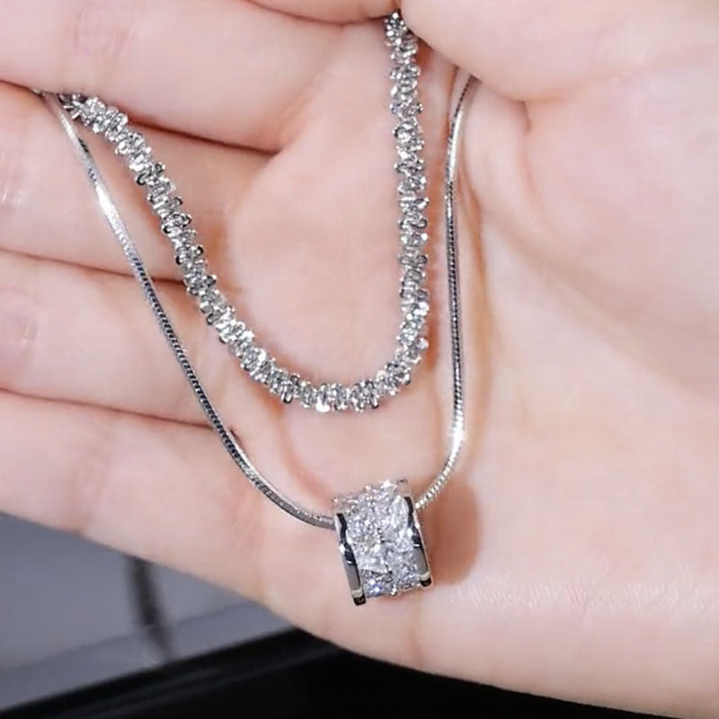 S925 Sterling Silver Double Layer Clavicle Chain Necklace for Women, Elegant Cubic Zirconia Sweater Chain, Minimalist Fashion Jewelry for Daily Wear and Gifts, All Seasons