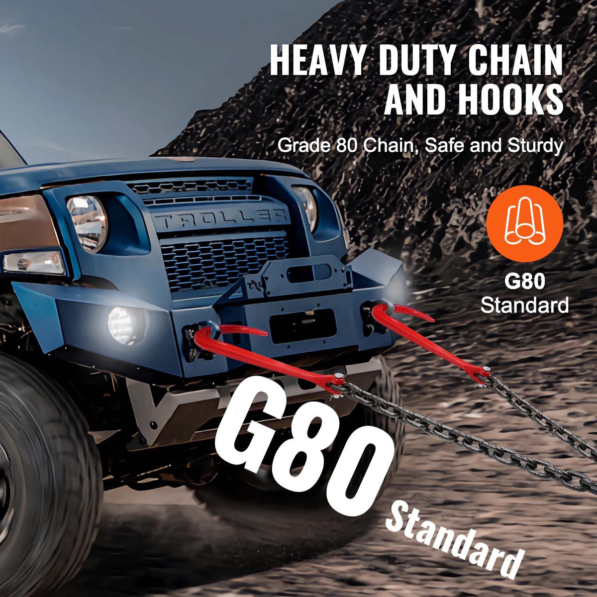 G80 V-Chain Bridle Tow Chain 3/8" x 3ft, 15600 lbs Capacity, Galvanized J Hook & Grab Hook, Grade 80 Heavy-Duty Wrecker Chain for Towing Recovery Vehicle Transport