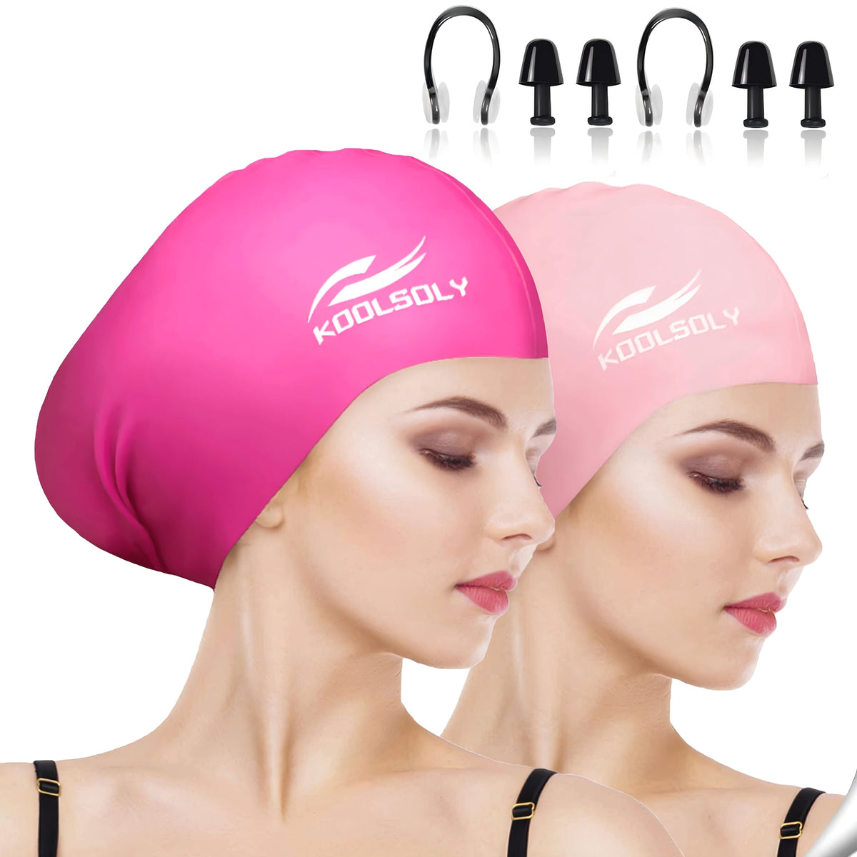 Silicone Swimming Cap 2-Pack with Ear Protection for Long Hair – Includes Earplugs & Nose Clip, Waterproof Swim Cap Set, 11 Color Options for Women, Men, and Adults