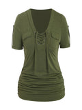 Women's Front Eyelet Strappy V-Neck Casual Stretch Smooth Knit Spring Summer Fall Everyday Top Trendy Cutout S M L XL XXL