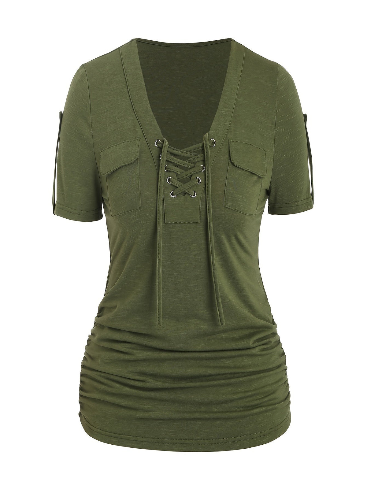 Women's Front Eyelet Strappy V-Neck Casual Stretch Smooth Knit Spring Summer Fall Everyday Top Trendy Cutout S M L XL XXL