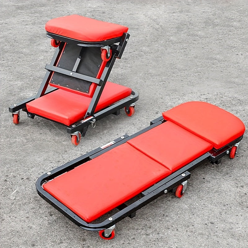 Foldable 2-in-1 Mechanic Creeper & Rolling Seat 300LB | 36-Inch Z-Crawler with 6 Swivel Casters, Adjustable Headrest, Folding Car Repair Creeper for Garage Workshop – Black & Red