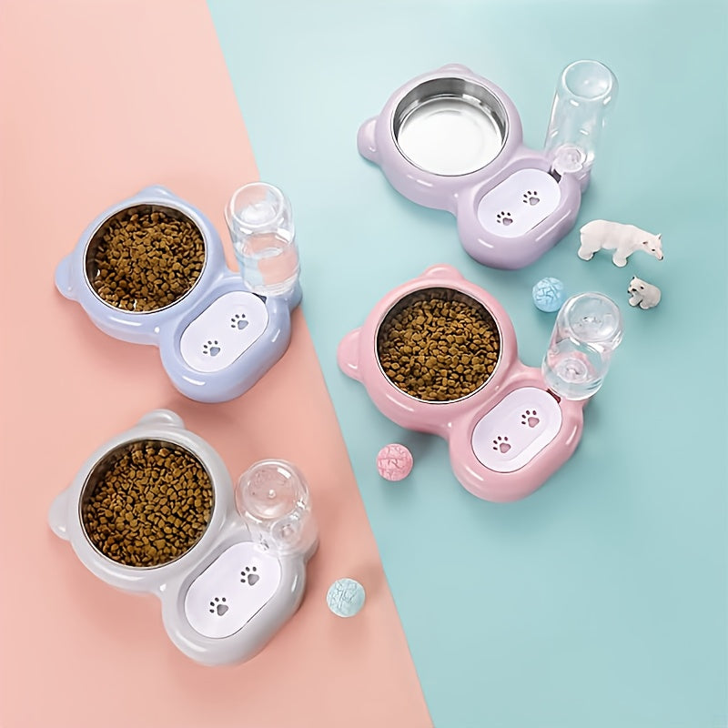 宠物双碗套装带自动饮水瓶——猫狗通用食盆与水碗，洗碗机适用，耐用不含双酚A，粉色灰色紫色，室内宠物喂食站