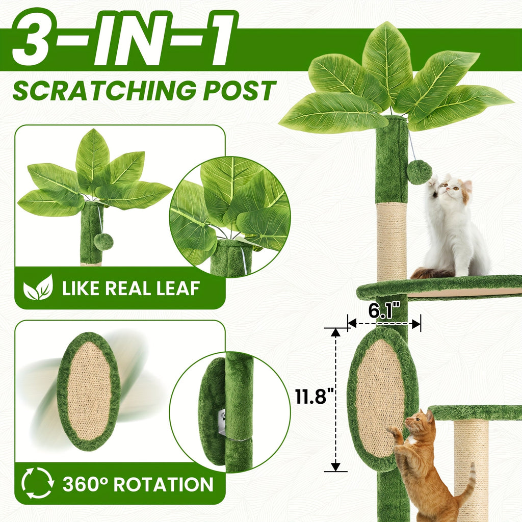 55-Inch Cat Tree for Indoor Cats with Green Leaves – Multi-Level Large Cat Tower with Hammock, Sisal Scratching Posts, Hanging Ball Toy, and Cat Furniture for Living Room or Bedroom