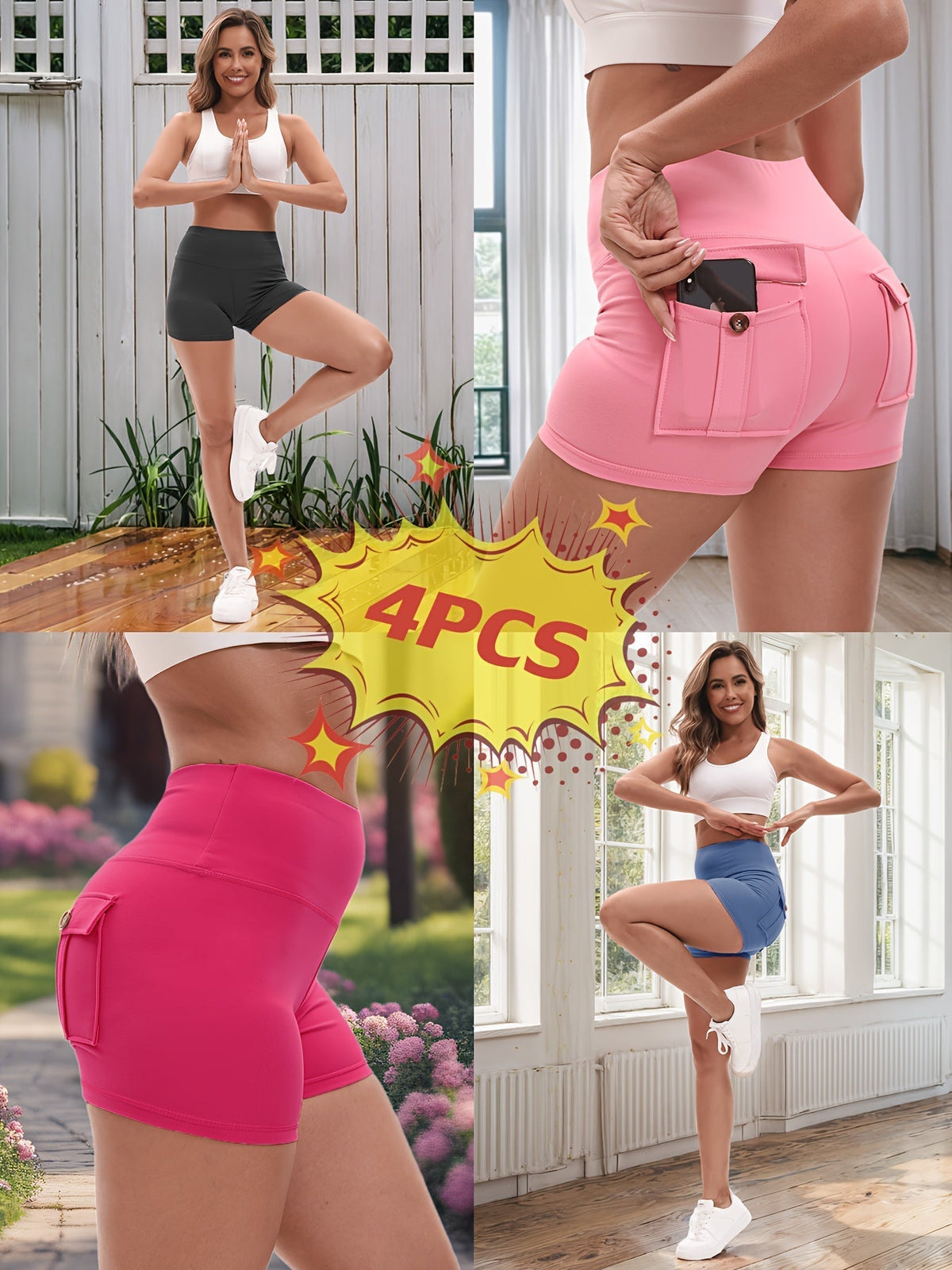 4-Piece Women's High-Stretch Yoga Shorts Set – Hip-Lifting Quick-Dry Fitness Shorts with Elastic Waist & 2 Pockets, Solid Color Athletic Shorts for Gym, Running, and Pilates, S-XXL