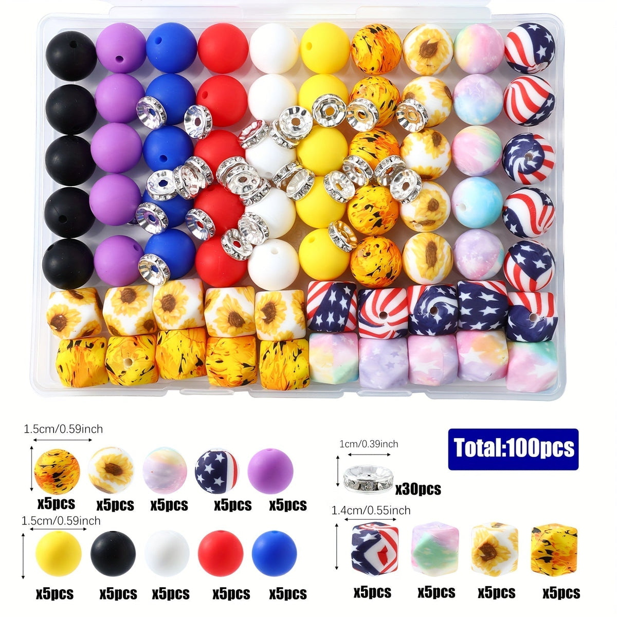 100pcs Silicone Beads Set with Storage Box, Hexagonal Striped Printed Pattern Beads for DIY Jewelry Making, Bead Pens, Keychain Pendants, Craft Supplies for Girls, Kids, Teens, and Adults
