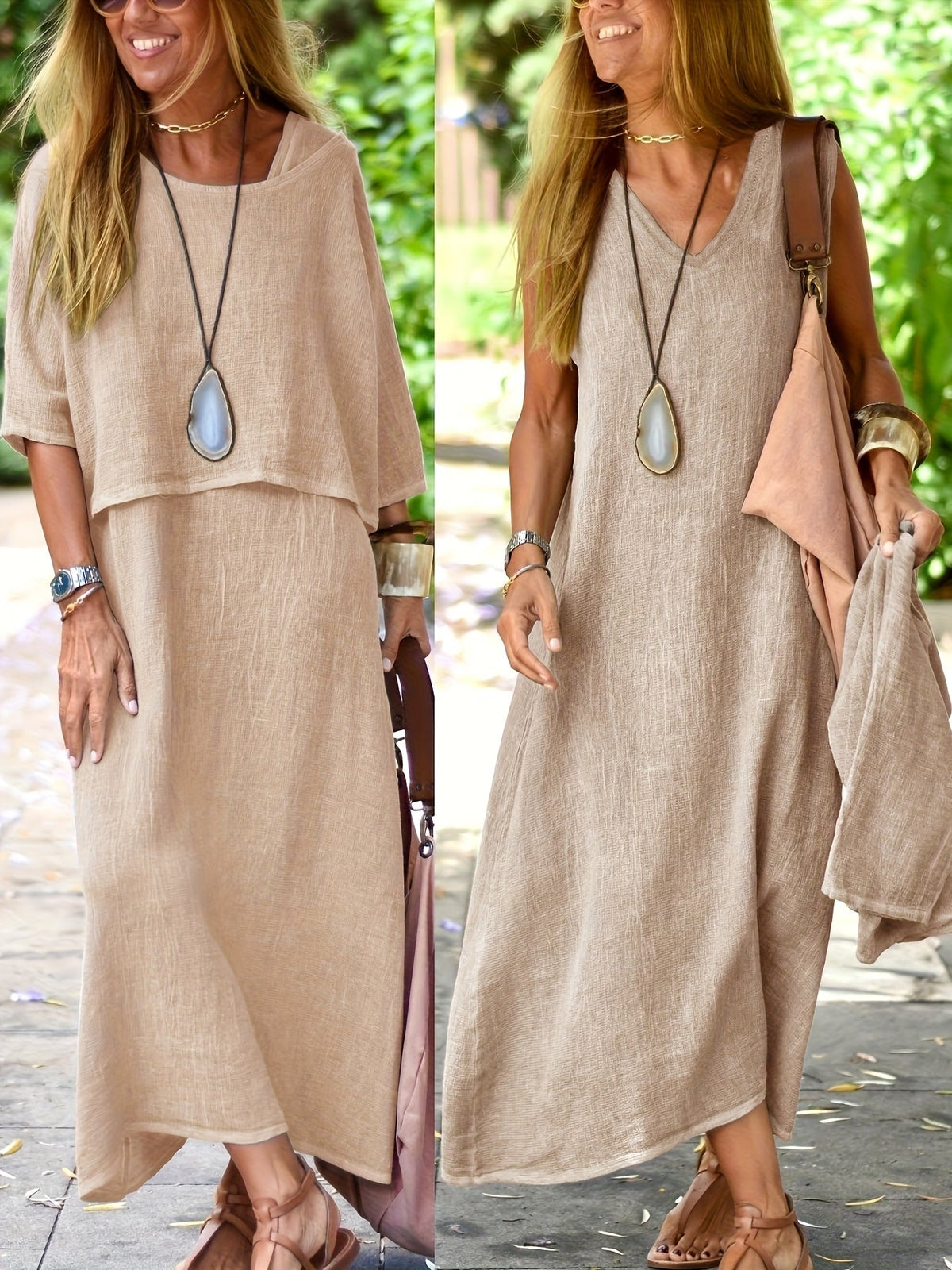 Women's Two-Piece Casual Loose Top and Sleeveless Maxi Dress Summer Boho Outfit Black Khaki Sky Blue Slate Grey S M L XL XXL