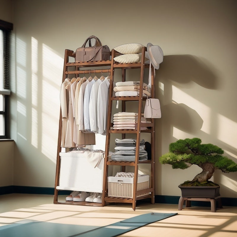 Bamboo Clothes Rack with Shelves Hat Hooks & Storage Bag – Adjustable Multi-Capacity Clothing Stand for Bedroom Closet in 32 / 51 / 75 Inch Brown & Natural