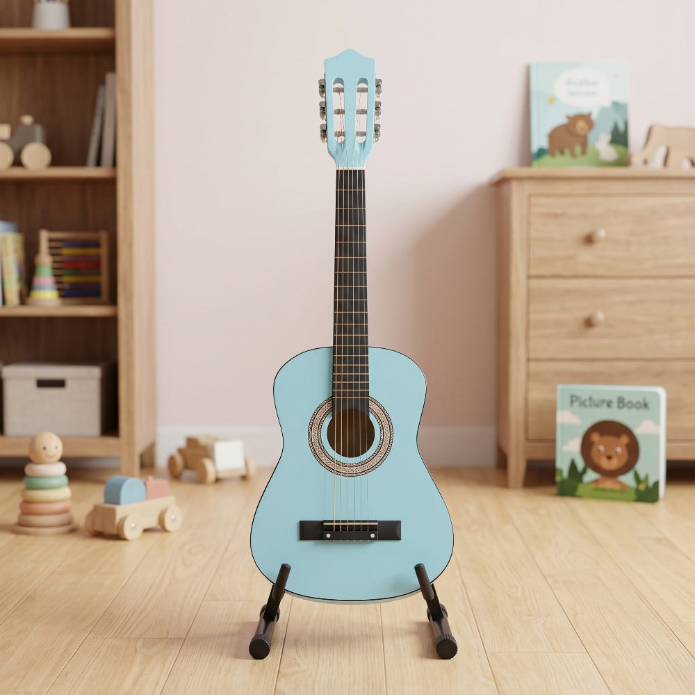 30-Inch Acoustic Guitar Round Body Basswood 18 Frets Steel Strings for Beginner Kids & Adults – Sky Blue Purple Pink & Red