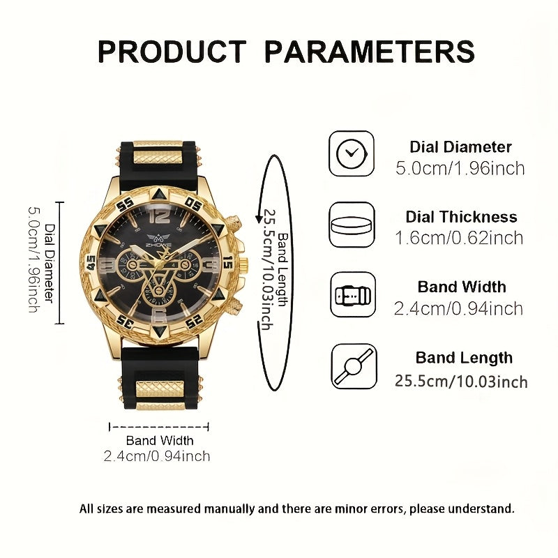 2-Pack Men's Large Dial Silicone Strap Quartz Watch Set, Sports Business Casual Wristwatch, Round Dial, 5 Color Combos, Gift for Him