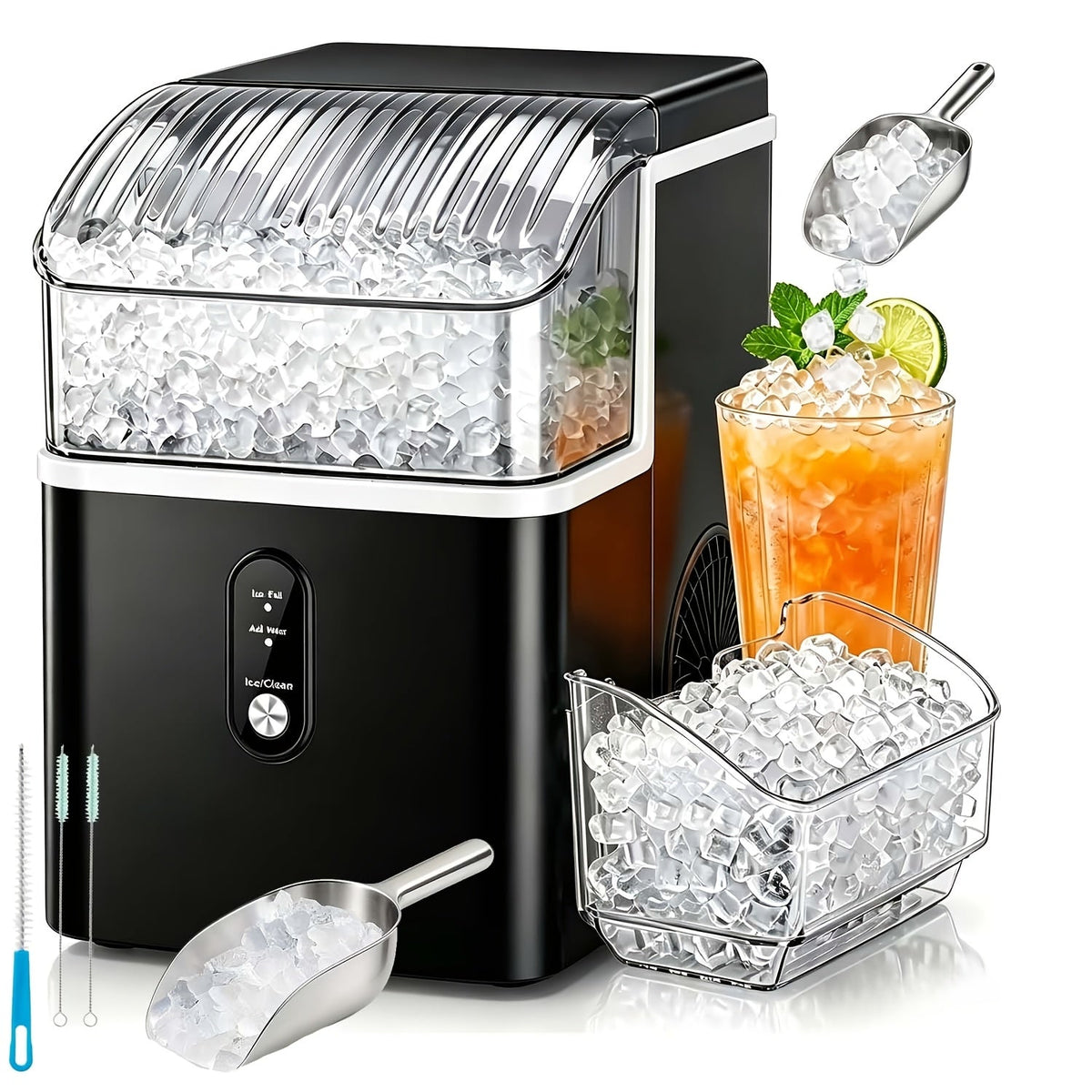 Countertop Nugget Ice Maker 35Lbs/Day 2025 Upgraded, Self-Cleaning Pebble Ice Maker with Stainless Steel Housing, One-Click Operation & Water Reservoir, Soft Chewable Pellet Ice for Home & Kitchen, Black Gray Steel
