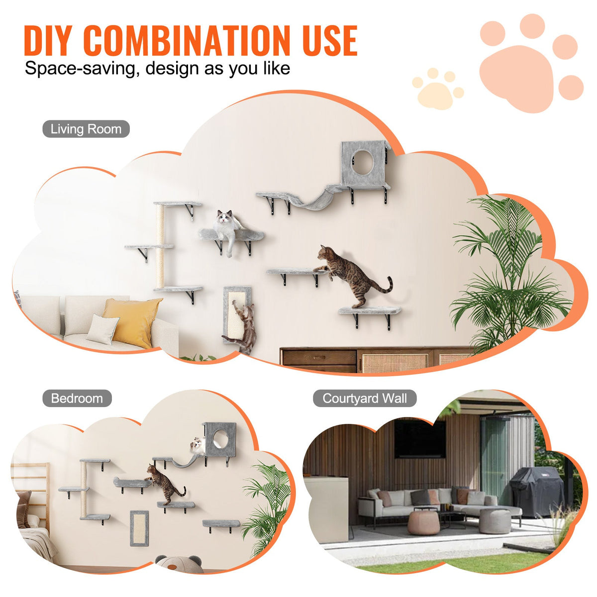 Wall Mounted Cat Shelves Set of 6, Cat Wall Furniture with 2 Jump Boards, Hammock, Sofa, Cat Tree & Grip, 40 lbs Capacity, Non-Toxic Pine, Plush Pad, Easy Install, Space-Saving Cat Playground
