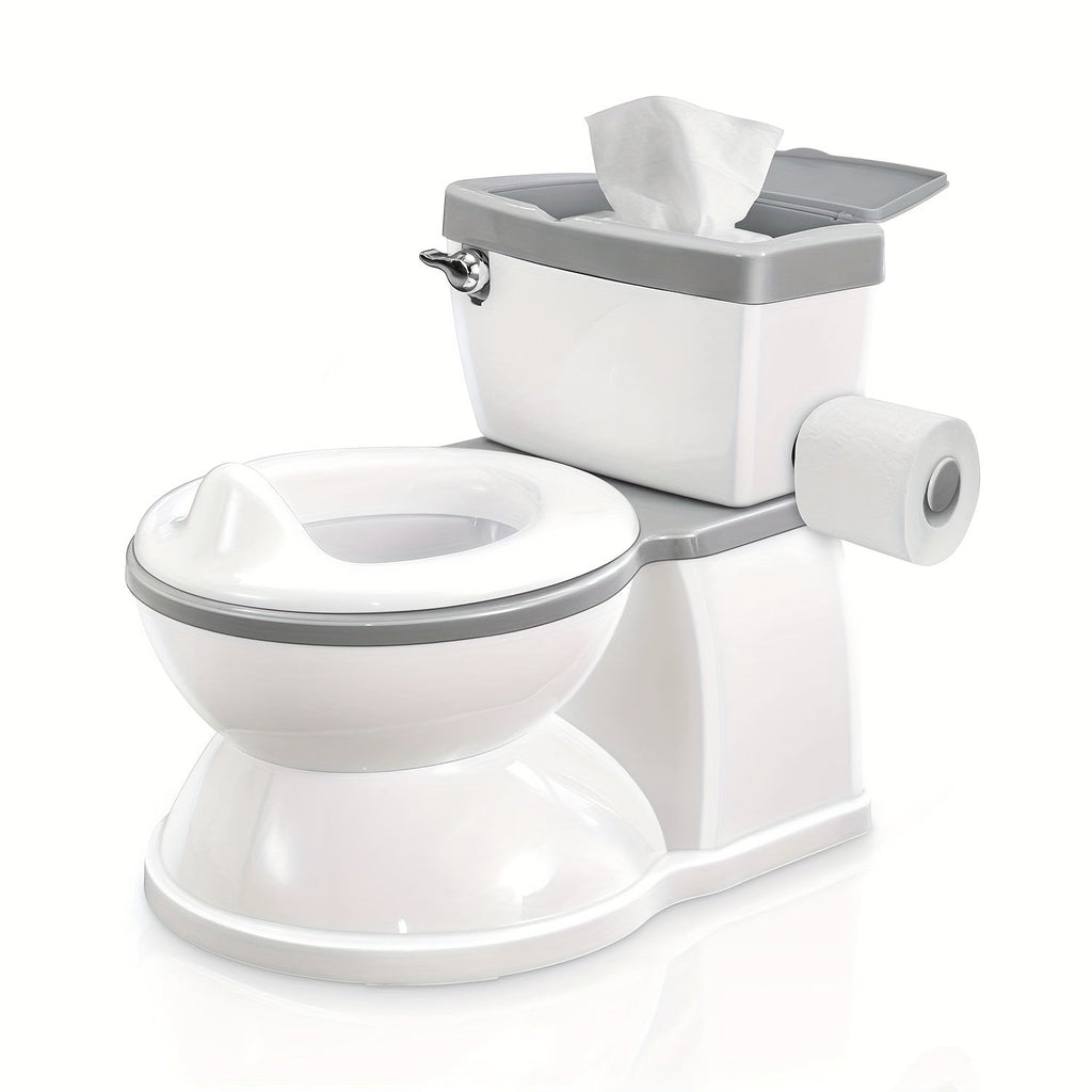 Realistic Toddler Potty Training Toilet with Flush Button & Anti-Slip Rubber Base, Detachable Baby Potty Chair with Splash Guard & Wipe Storage for Boys & Girls 18M+, Gray Blue & Pink