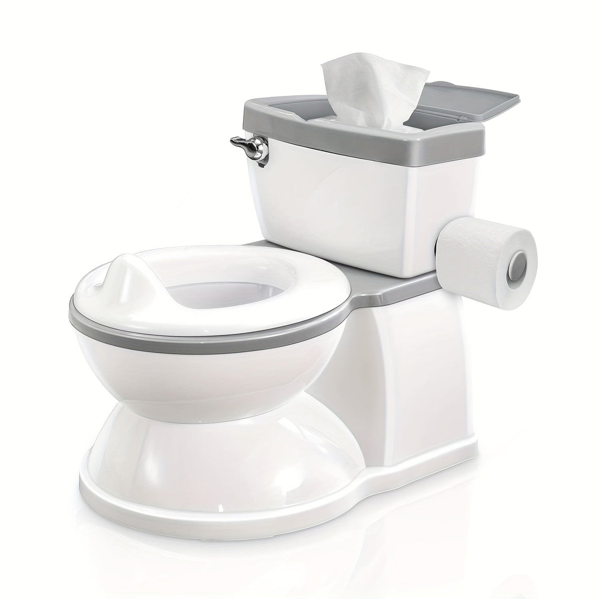 Realistic Toddler Potty Training Toilet with Flush Button & Anti-Slip Rubber Base, Detachable Baby Potty Chair with Splash Guard & Wipe Storage for Boys & Girls 18M+, Gray Blue & Pink