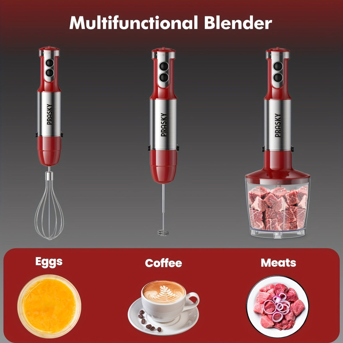 5-in-1 Handheld Immersion Blender - Whisk, Measuring Cups & Meat Chopper Attachments, Heavy-Duty Motor - Kitchen Essential - Red & Black