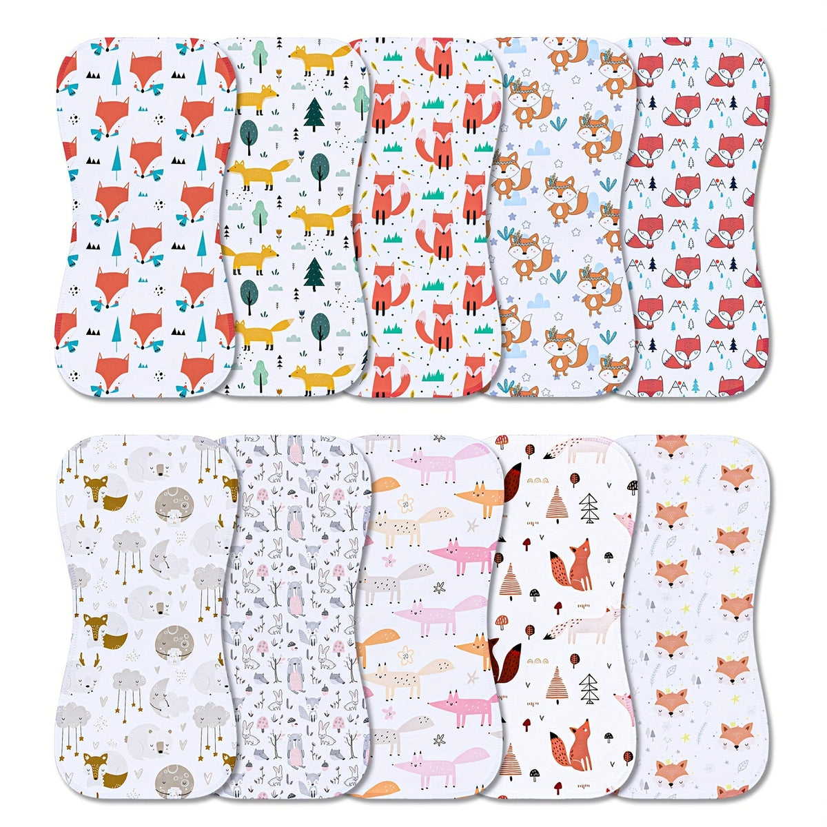 10-Pack Baby Burp Cloths for Newborn Boys & Girls, Large Neutral Baby Washcloth Burp Rags, Era of Dinosaurs, Fox Home, Steel Roses, Pink Florals, Simple Beige, Pink Peach & Pink Starlink