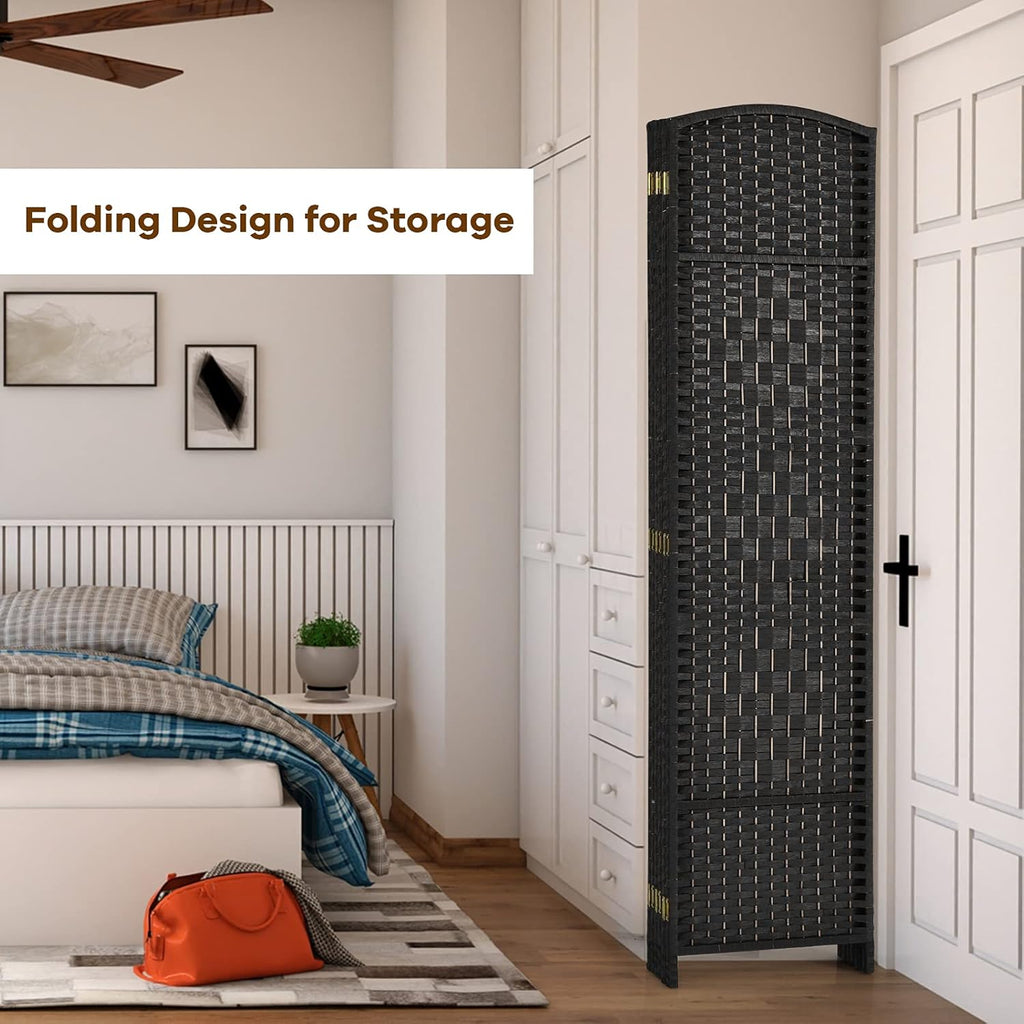 6-Panel 6ft Tall Folding Room Divider Hand-Woven Paper Fiber & Poplar Frame Freestanding Privacy Screen for Bedroom Living Room Office & Porch – No Assembly, Air Circulation, Black/Brown