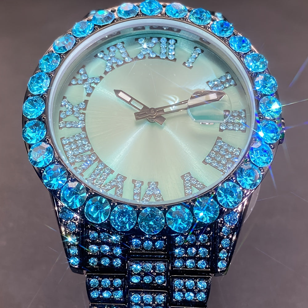 Rhinestone Couple's Watch Set, Luxury Quartz Movement with Calendar and Luminous Display, Red and Ice Blue Rhinestone Fashion Party Gift Watches for Men and Women