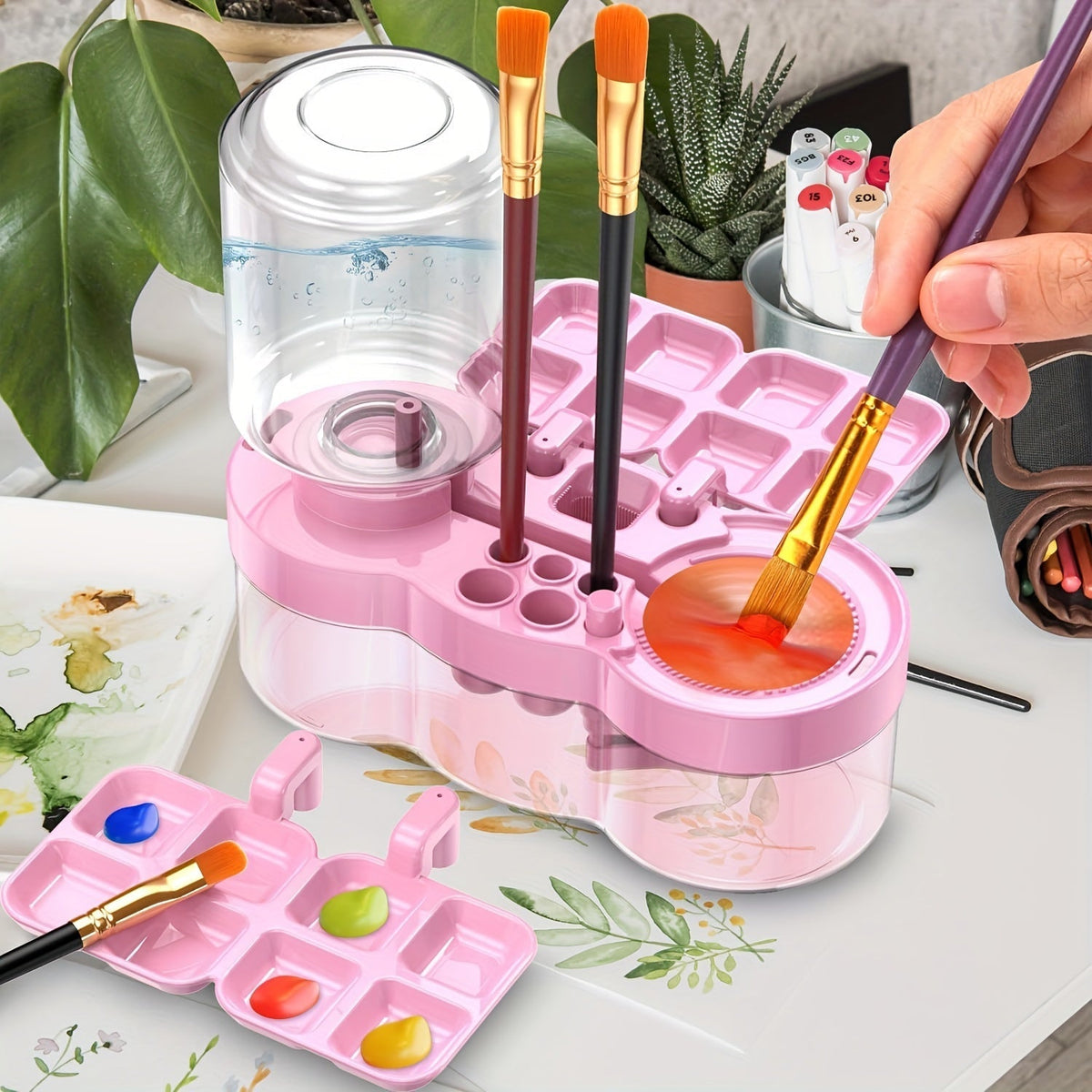 6-in-1 Upgraded Paint Brush Cleaner with Paint Tray, Drain, Brush Holder, and Water Circulation Cleaning Tool for Acrylic, Watercolor, and Water-Based Paints - Artist Painting Supplies (Blue/Purple)