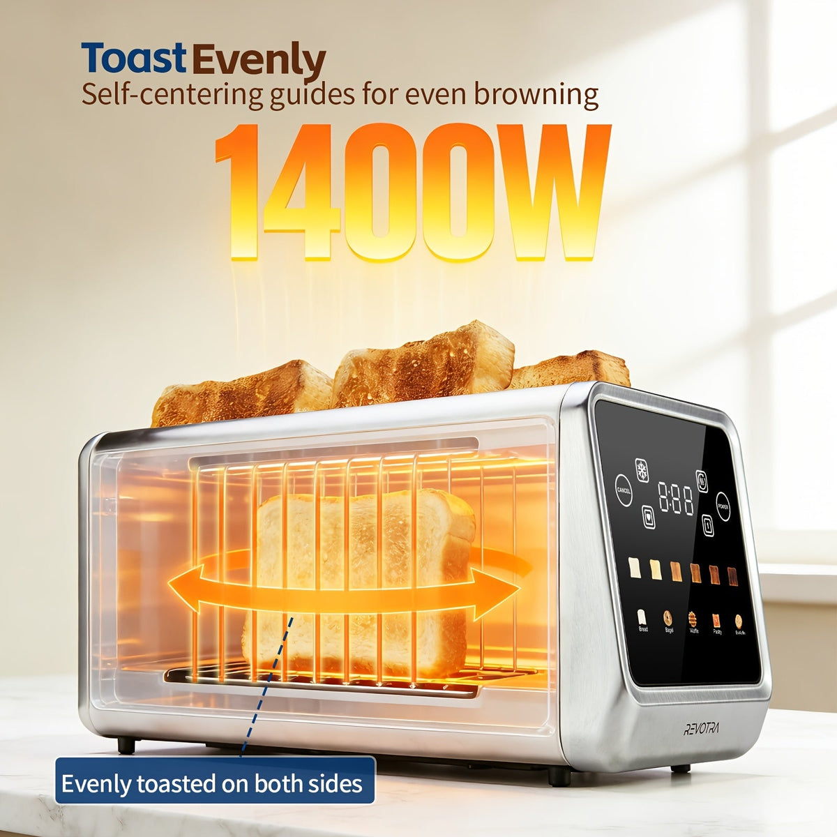 Long Slot 4-Slice Toaster - 1.5" Extra Wide Slots, Touch Screen LED Display, Countdown Timer, Memory Function, Dual Independent Control, 6 Shade Settings - Stainless Steel