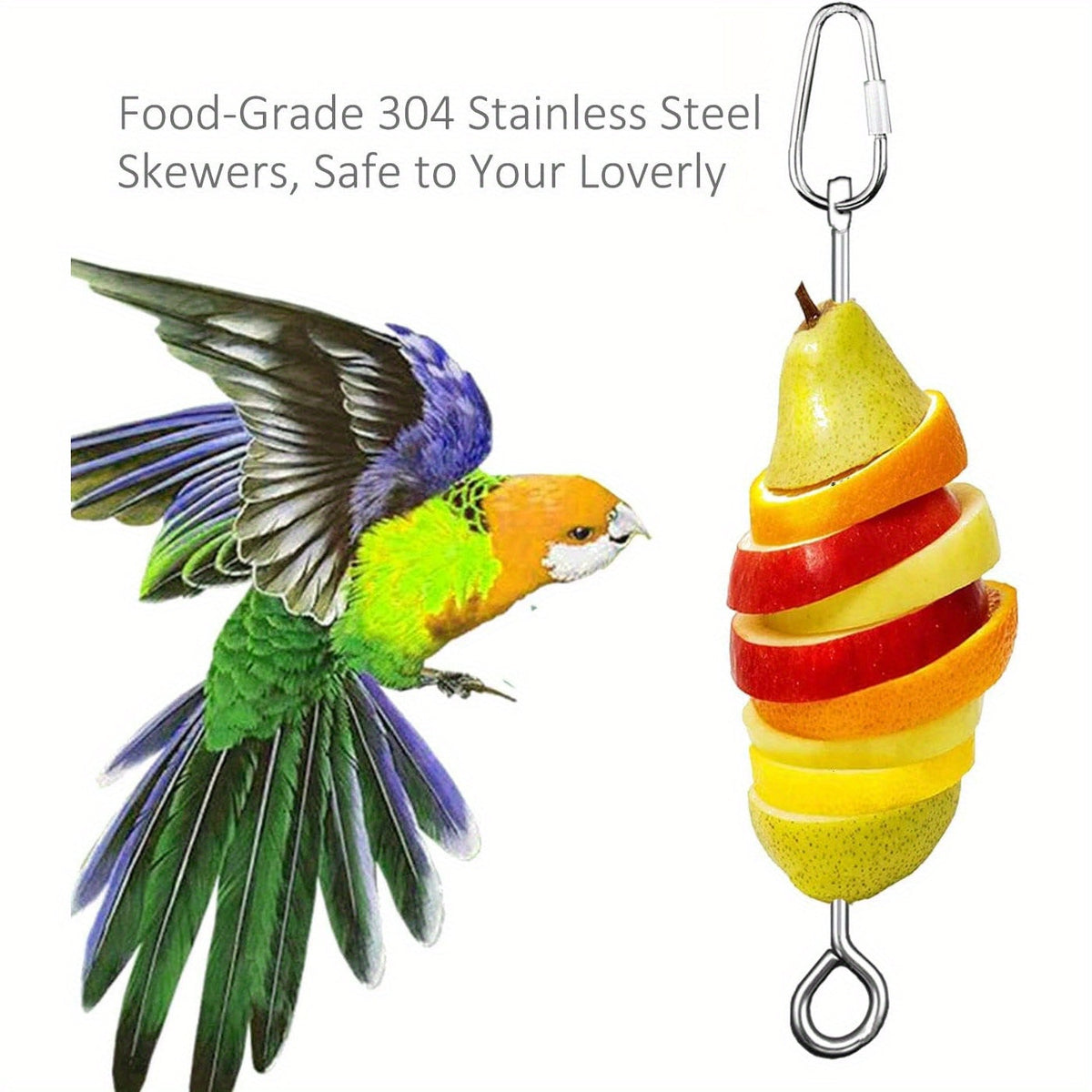 Stainless Steel Parrot Fruit and Vegetable Skewer Feeder for Bird Cage - Food Holder Foraging Toy with Carabiner Clip for Parakeet, Budgie, Cockatiel, Conure, Macaw - Bird Cage Feeding Accessory, 10 inch