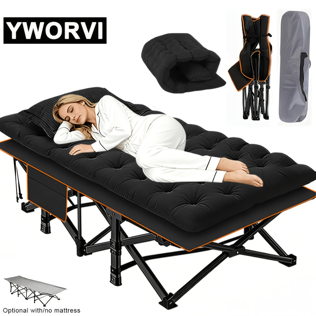 Folding Camping Bed with Mattress & Side Pockets – Heavy Duty Portable Cot for Adults, Foldable Guest Bed for Camping, Outdoor, Courtyard, Terrace, Office, and Guest Room