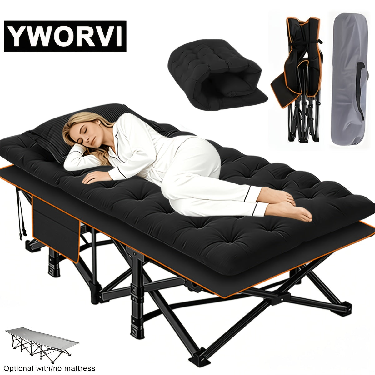 Folding Camping Bed with Mattress & Side Pockets – Heavy Duty Portable Cot for Adults, Foldable Guest Bed for Camping, Outdoor, Courtyard, Terrace, Office, and Guest Room