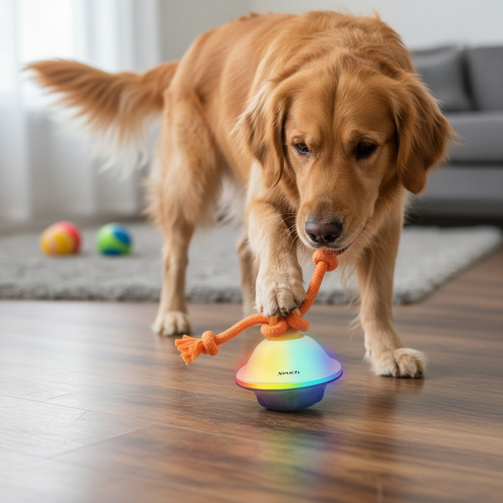 Automatic Moving Rolling Dog Ball Toy with Rope, Motion Activated, Voice Recording, USB Rechargeable, Interactive Stimulation Toy for Small/Medium Dogs, Boredom Relief (Gray/White)