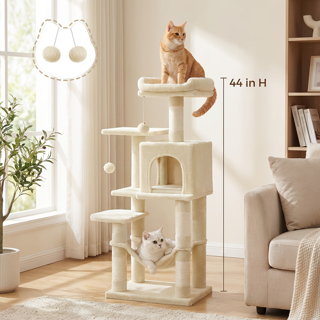 Multi-Level Cat Tree Tower 44-66 Inch with Hammock, Sisal Scratching Posts, Cozy Cave, Perches, and Anti-Tilt Stable Base for Multi-Cat Families, Kittens, and Cats