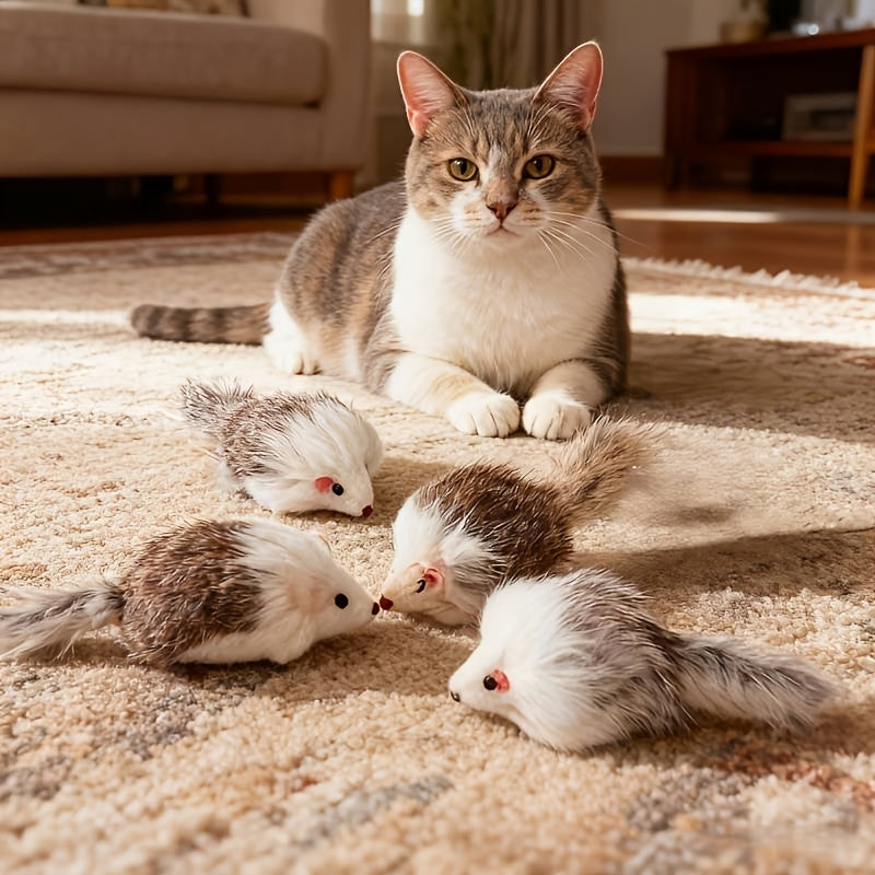 毛绒老鼠猫玩具套装 3件或5件装 - 仿真长毛老鼠，配双色塑料机身，适用于幼猫和成年猫的室内互动玩耍与锻炼玩具