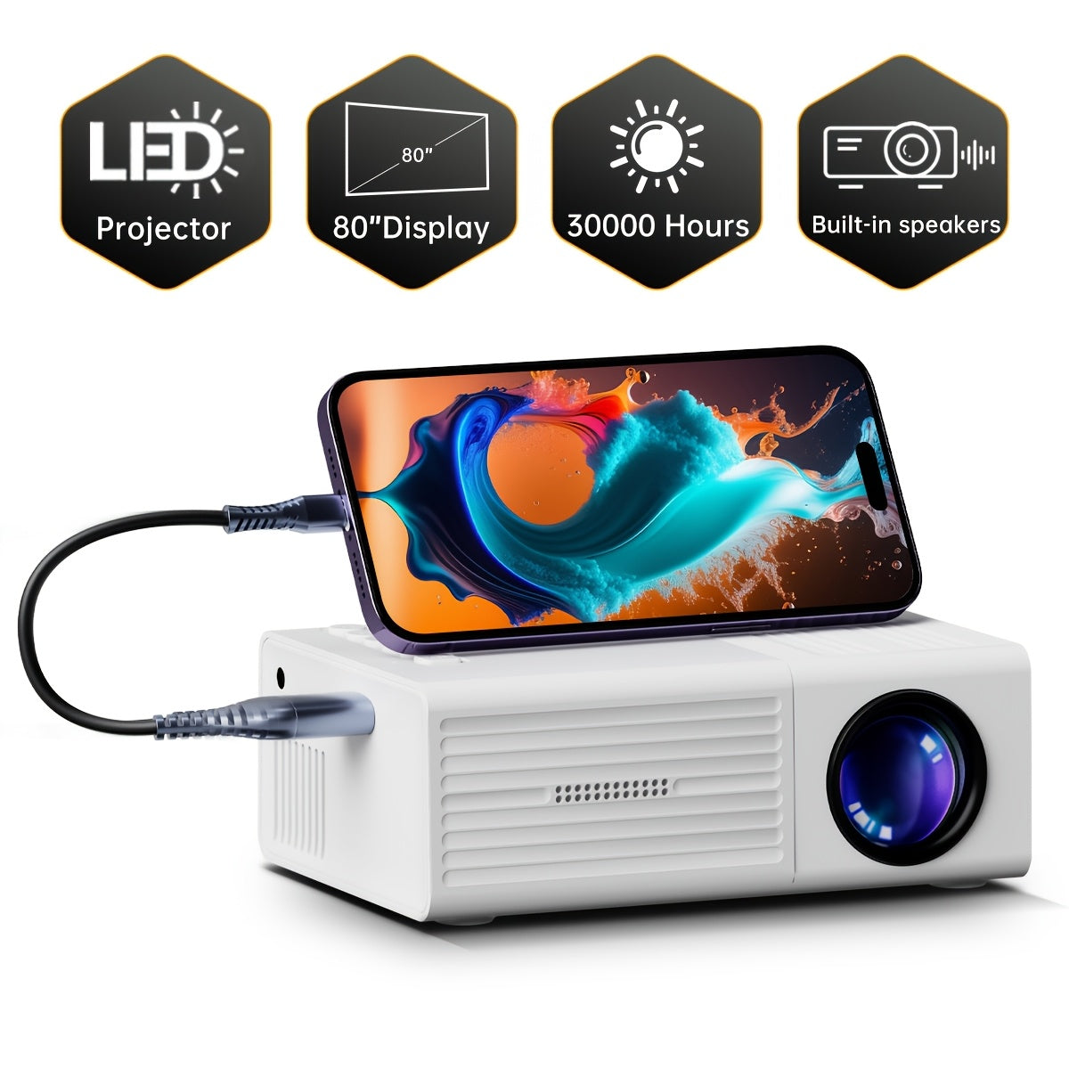 Portable Projector, 1080P Supported, 1280x720 Native Resolution, with Remote Control, USB Compatible with Smartphones, Tablets, Laptops, TV Sticks, Big Screen Home Theater
