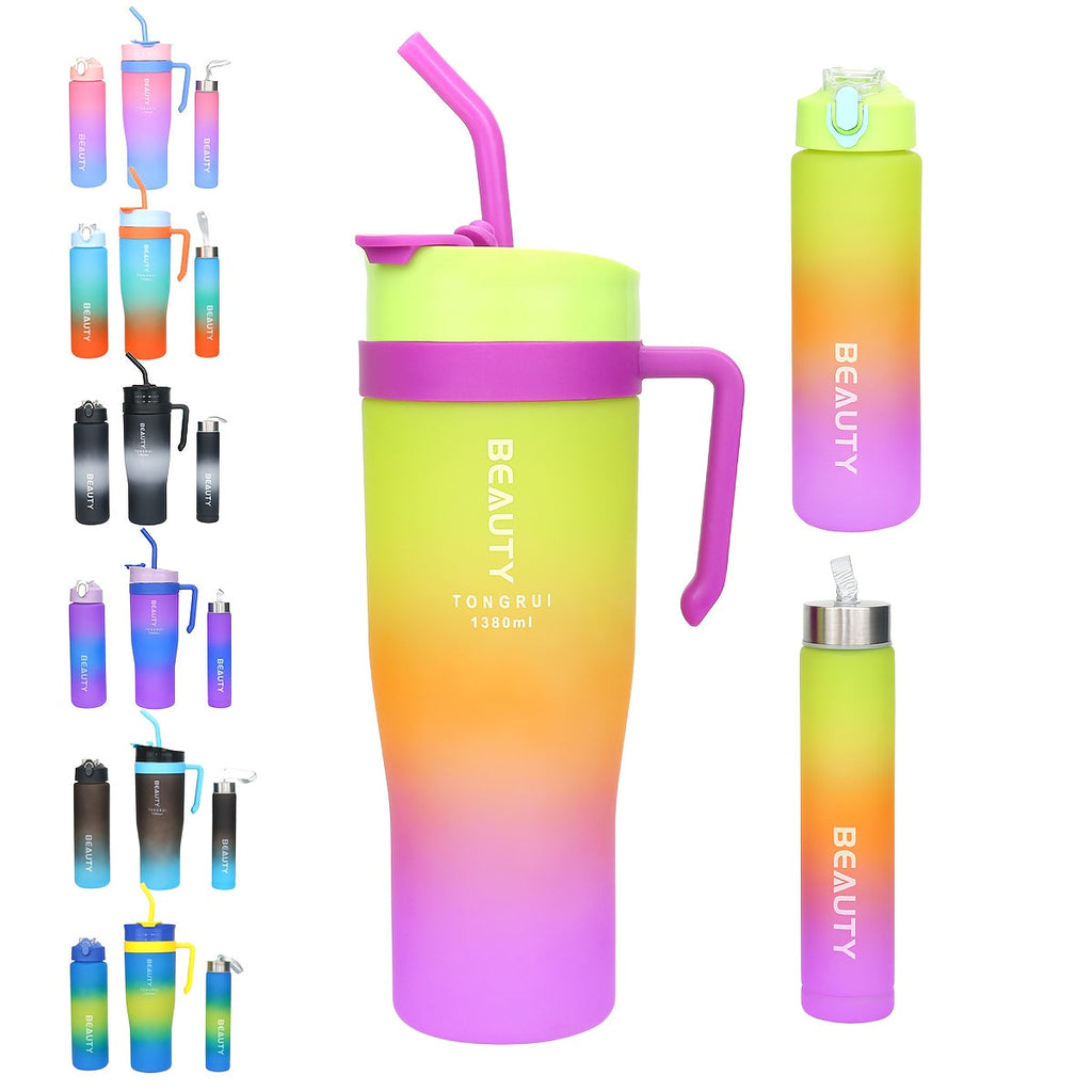 BPA-Free Gradient Water Bottle 5-Piece Set with Straw & Spill-Proof Lid - 46oz, 27oz, & 9oz Leak-Proof Sports Bottles for Gym, Travel, and Outdoor Use